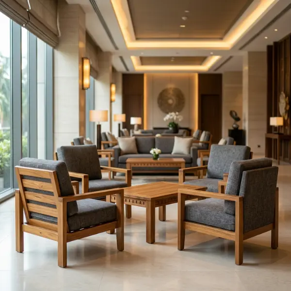 Custom-made solid wood indoor furniture delivered from our factory directly to Lonavala farmhouses.