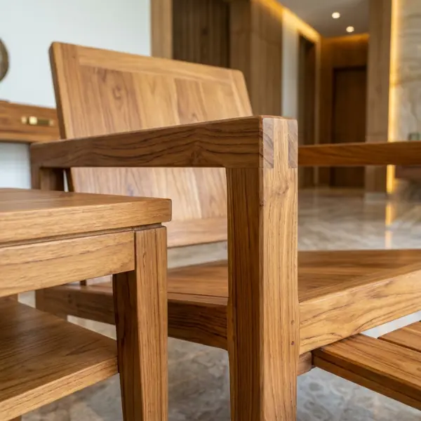 Custom-made solid wood furniture for villas, farmhouses, and hotels, built with mortise and tenon joinery.