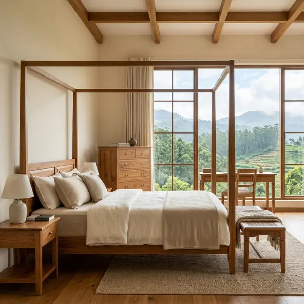 Kiln-dried solid teak beds crafted by the leading custom villa furniture manufacturer Ooty for luxury properties.