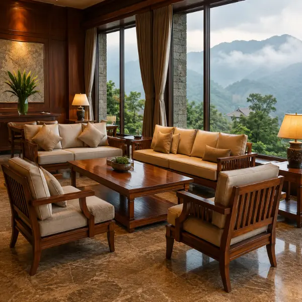 Custom-made solid wood indoor furniture crafted by a leading supplier for Mahabaleshwar homes.