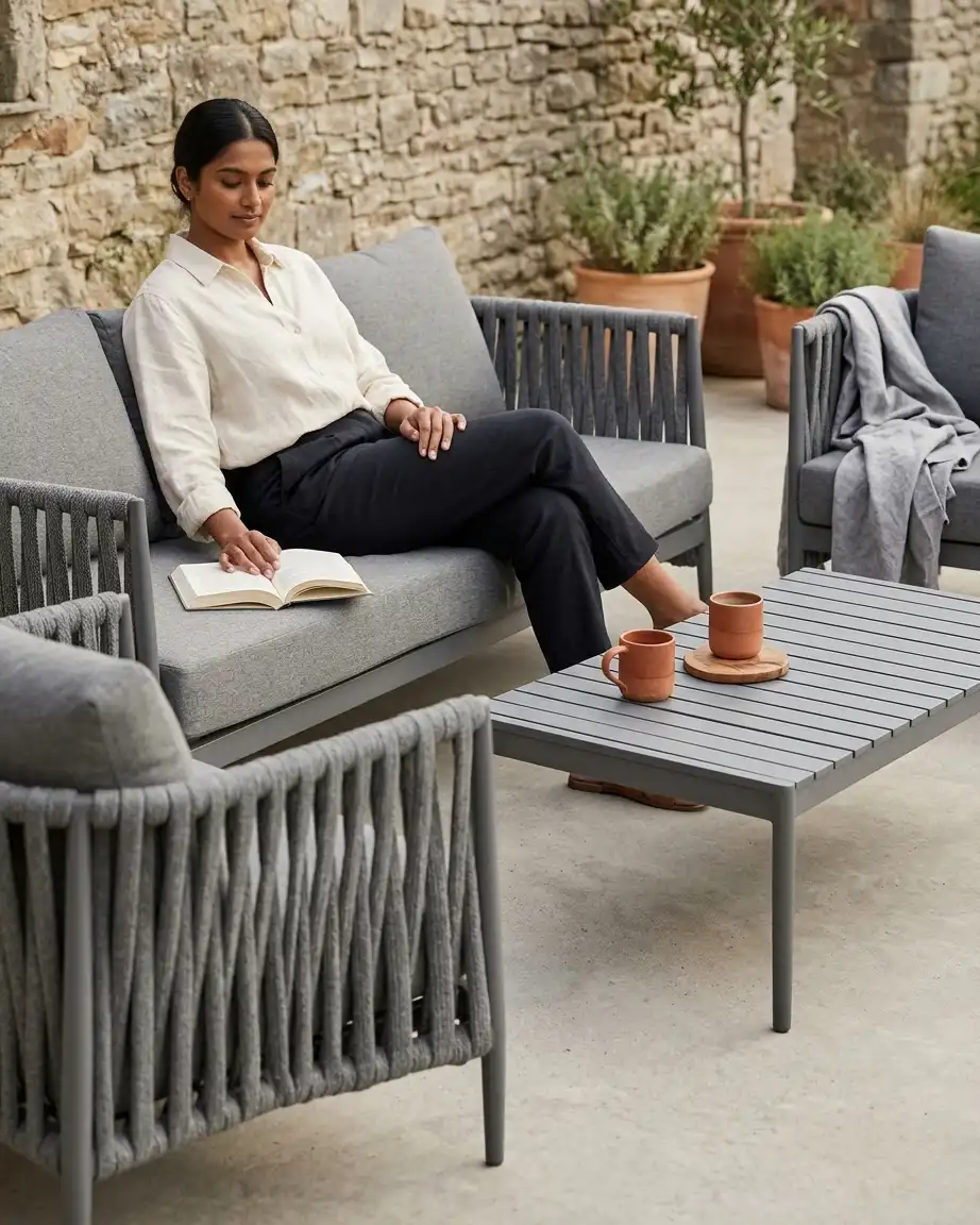 The Graphite model displayed as luxury dark grey outdoor seating set installed in a premium outdoor rooftop lounge.