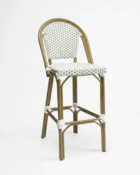 Premium wood-finish marine-grade aluminium Delacroix bar stool with UV-stabilized cushionless wicker weave for luxury hotels.