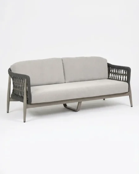 The Diamante Lattice Rope Sofa featuring a sophisticated 3-seater design with a diamond lattice weave and grey cushions.