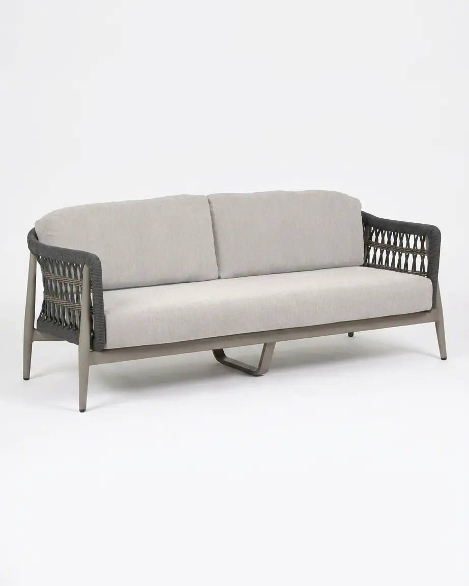 The Diamante Lattice Rope Sofa featuring a sophisticated 3-seater design with a diamond lattice weave and grey cushions.