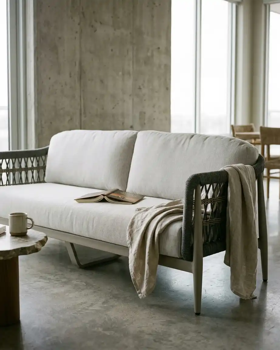 Side profile of the lattice rope sofa highlighting the intricate diamond weave and high-density waterproof grey cushions.