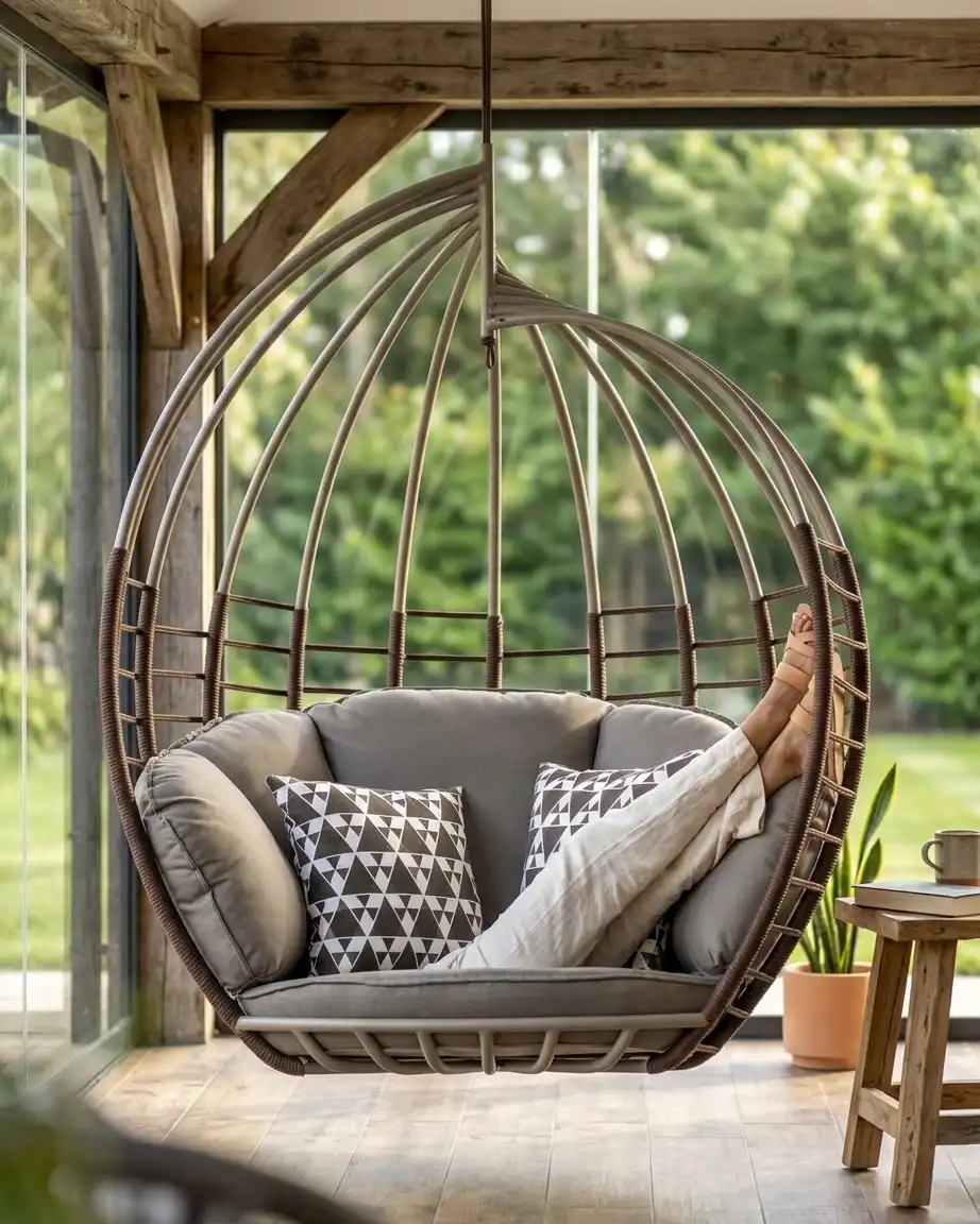 Side profile of the double seater hanging egg chair showcasing the wide cocoon seating and high-density waterproof cushions.