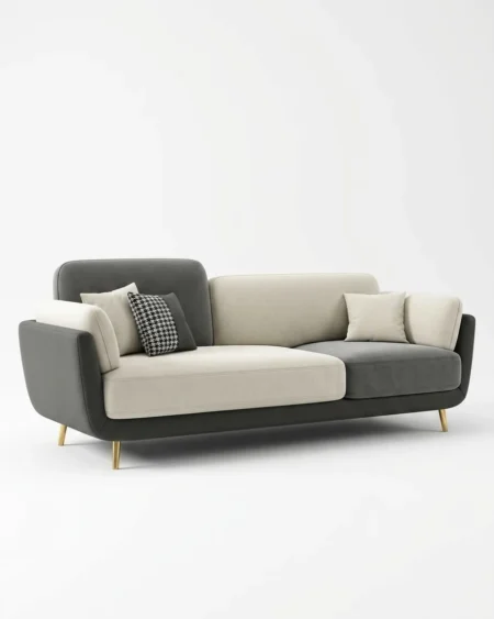 Luxury Duetta Colour-Block Fabric Sofa featuring a solid kiln-dried wood frame, two-tone grey ivory fabric upholstery, and elegant gold legs for living rooms.