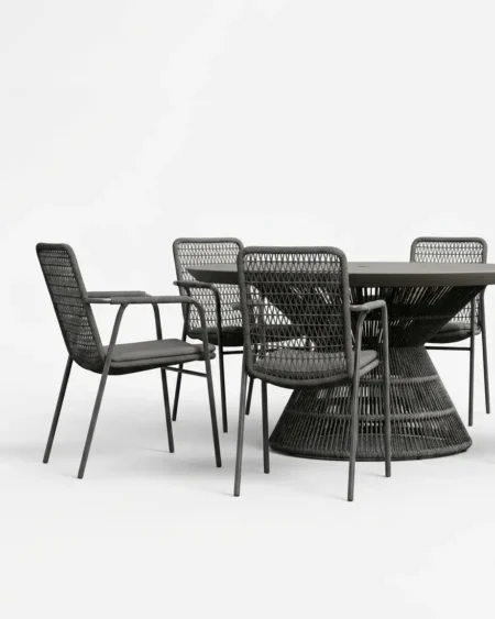 Luxury matte black marine-grade aluminium Ebano woven base dining set with UV-stabilized rope for commercial outdoor dining sets.
