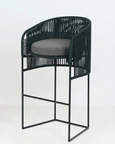 Marine-grade ellington bar stool with black powder-coated frame and vertical rope weave