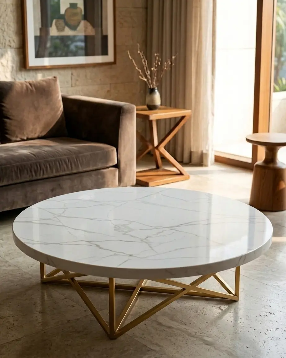 The Estrella Marble Center Table featuring a round Calacatta marble top and a geometric gold metal base.