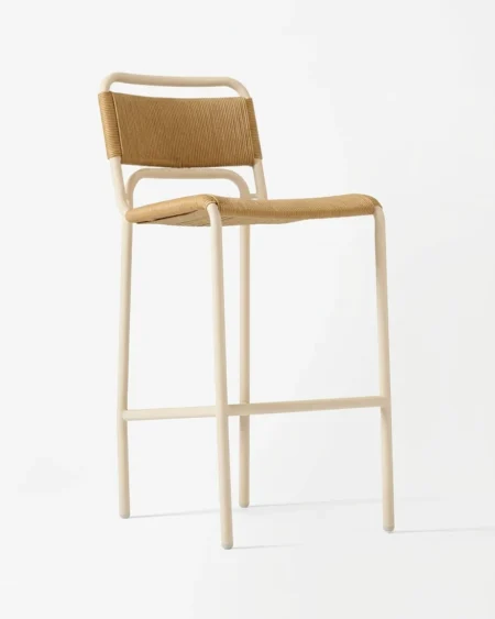 Premium cream marine-grade aluminium Everleigh bar stool with UV-stabilized rope weave for luxury hotels.