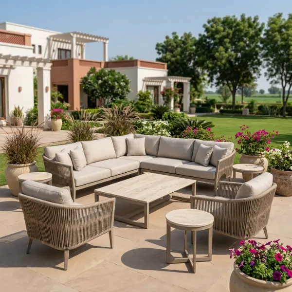 Premium farmhouse outdoor furniture manufactured for estates in Ludhiana by Craftnika