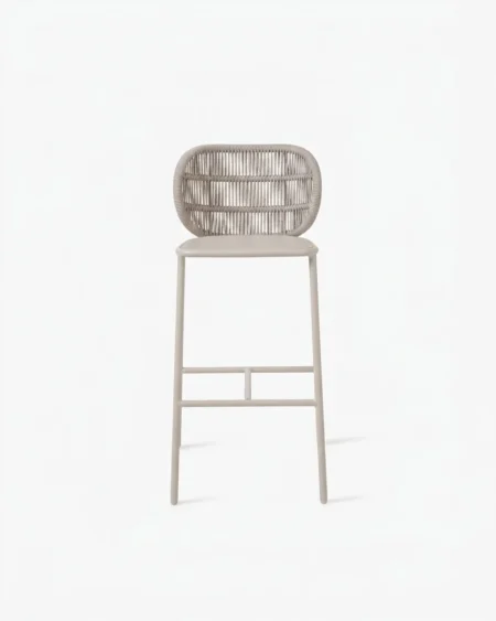 Premium grey marine-grade aluminium Farrow bar stool with UV-stabilized cushionless rope weave for luxury hotels.