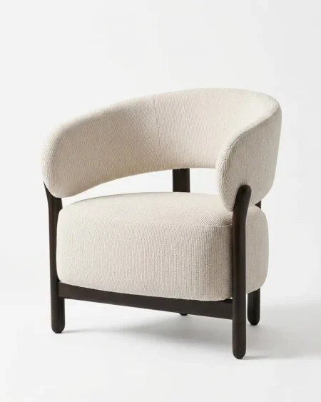 Luxury Fennwick Lounge Chair featuring a solid teak dark wood frame, curved backrest, and premium cream boucle fabric.