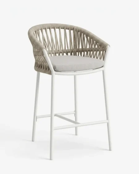 Marine-grade fenwick bar stool with white powder-coated frame and beige vertical rope weave