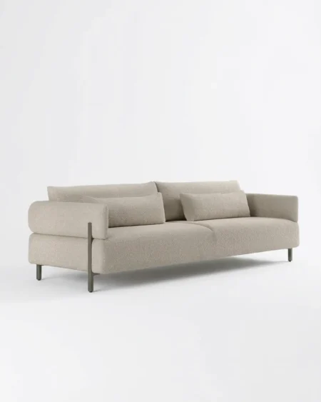 Luxury Fenwick Boucle Sofa featuring a solid kiln-dried wood frame, minimalist low profile design, boucle fabric, and a bronze metal frame for living rooms.