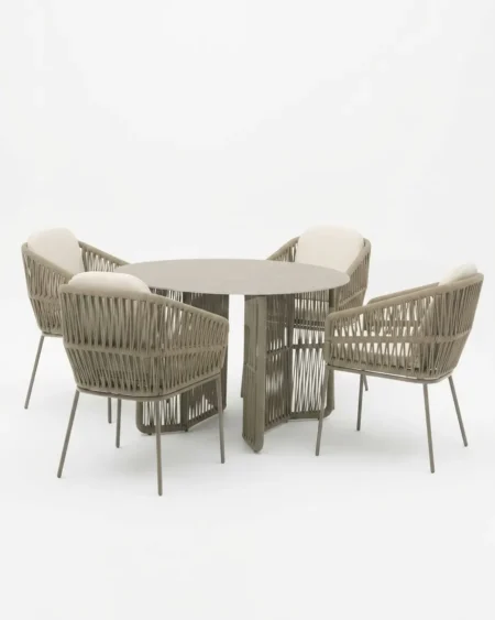 Luxury marine-grade aluminium Ferrara vertical rope dining set featuring an architectural cross-leg table and UV-stabilized rope armchairs for commercial outdoor dining sets.
