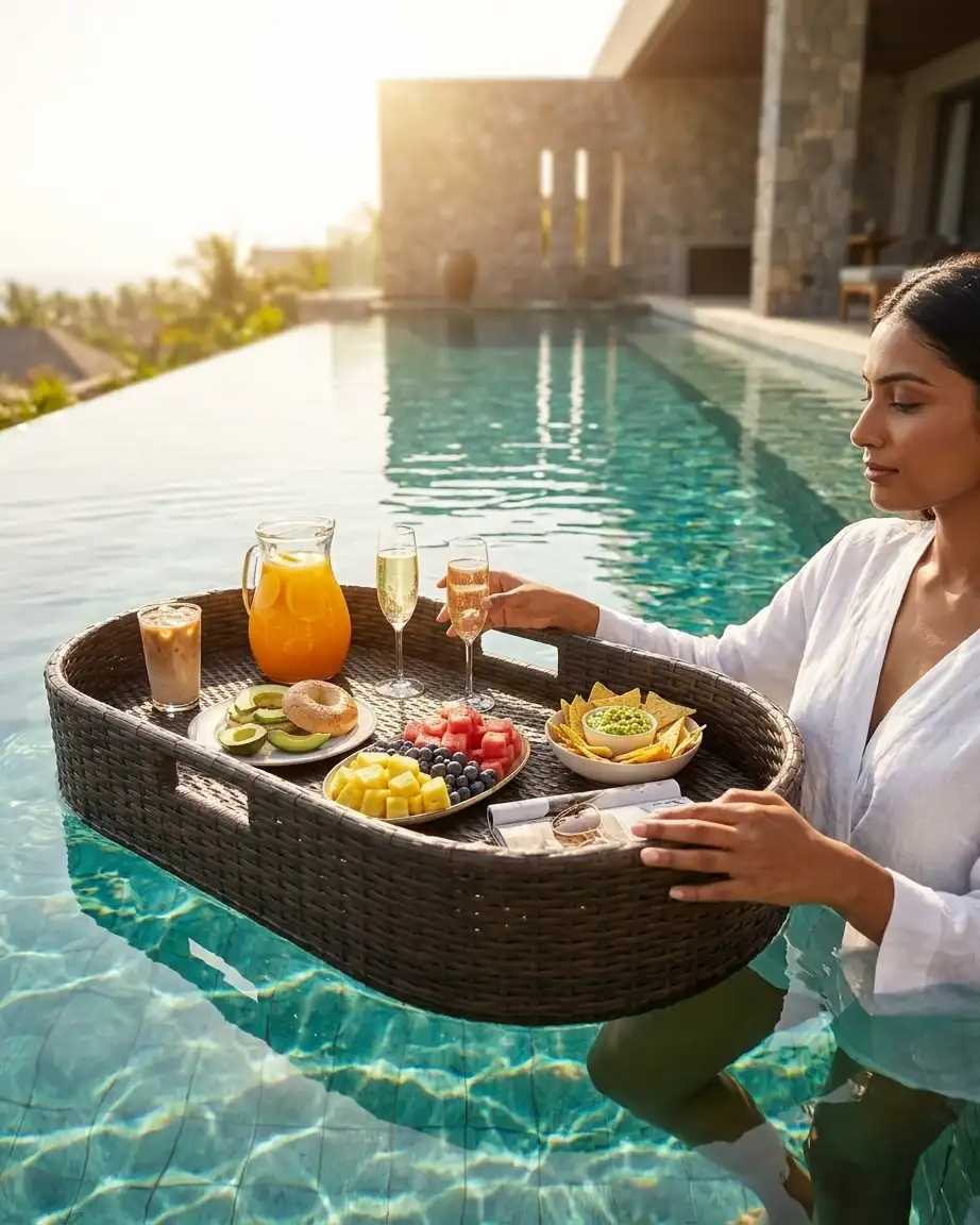 Close up of the floating breakfast tray showcasing the tightly hand-woven, weather-resistant dark brown synthetic rattan.