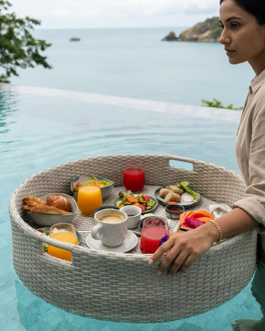 Close up of the floating pool breakfast tray showcasing the tightly hand-woven, weather-resistant synthetic rattan.