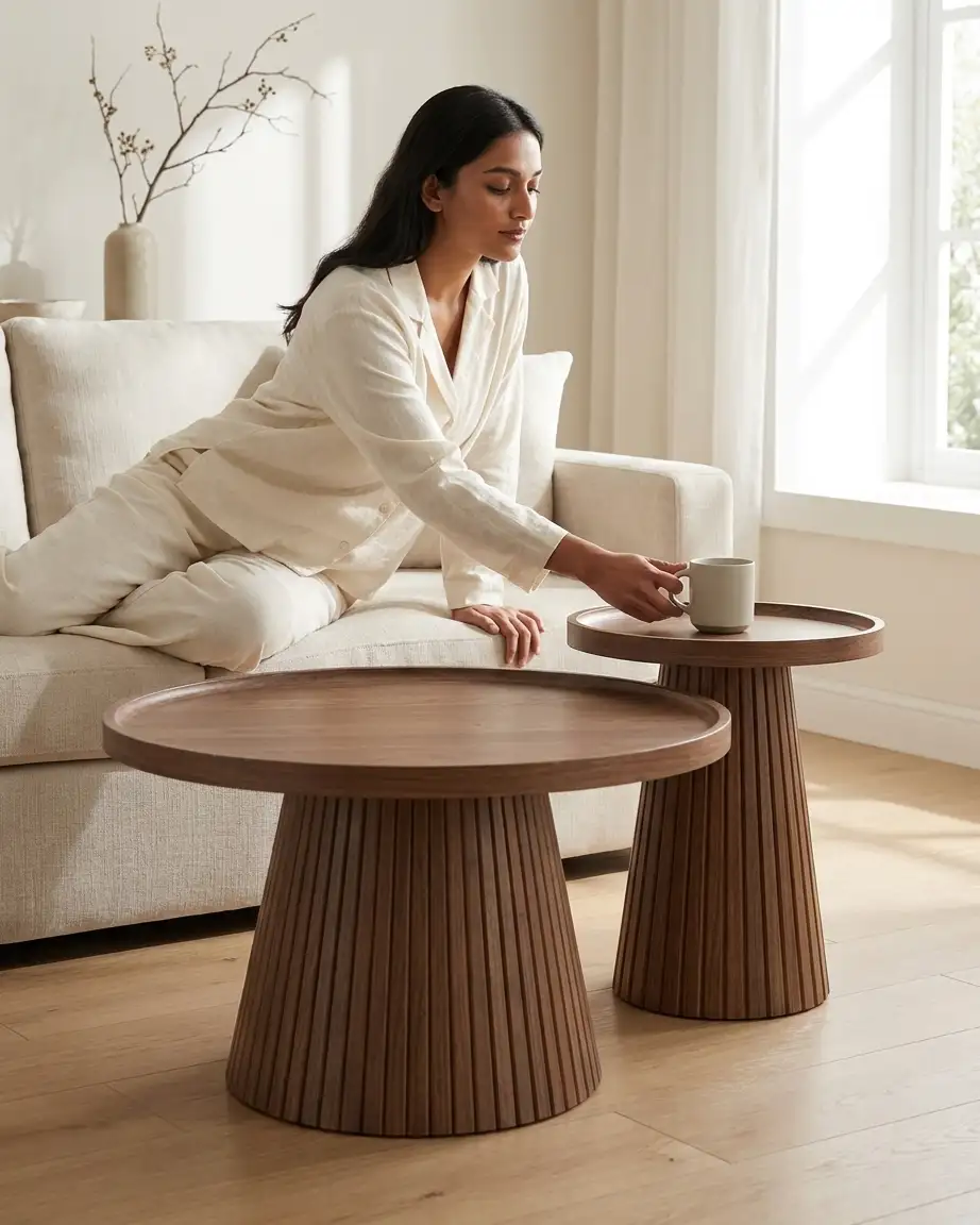 Top down view detailing the recessed round tray tops and the intricate vertical fluting of the conical wood pedestal bases.
