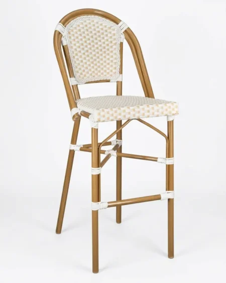 Premium wood-finish marine-grade aluminium Fontaine bar stool with UV-stabilized cushionless wicker weave for luxury hotels.
