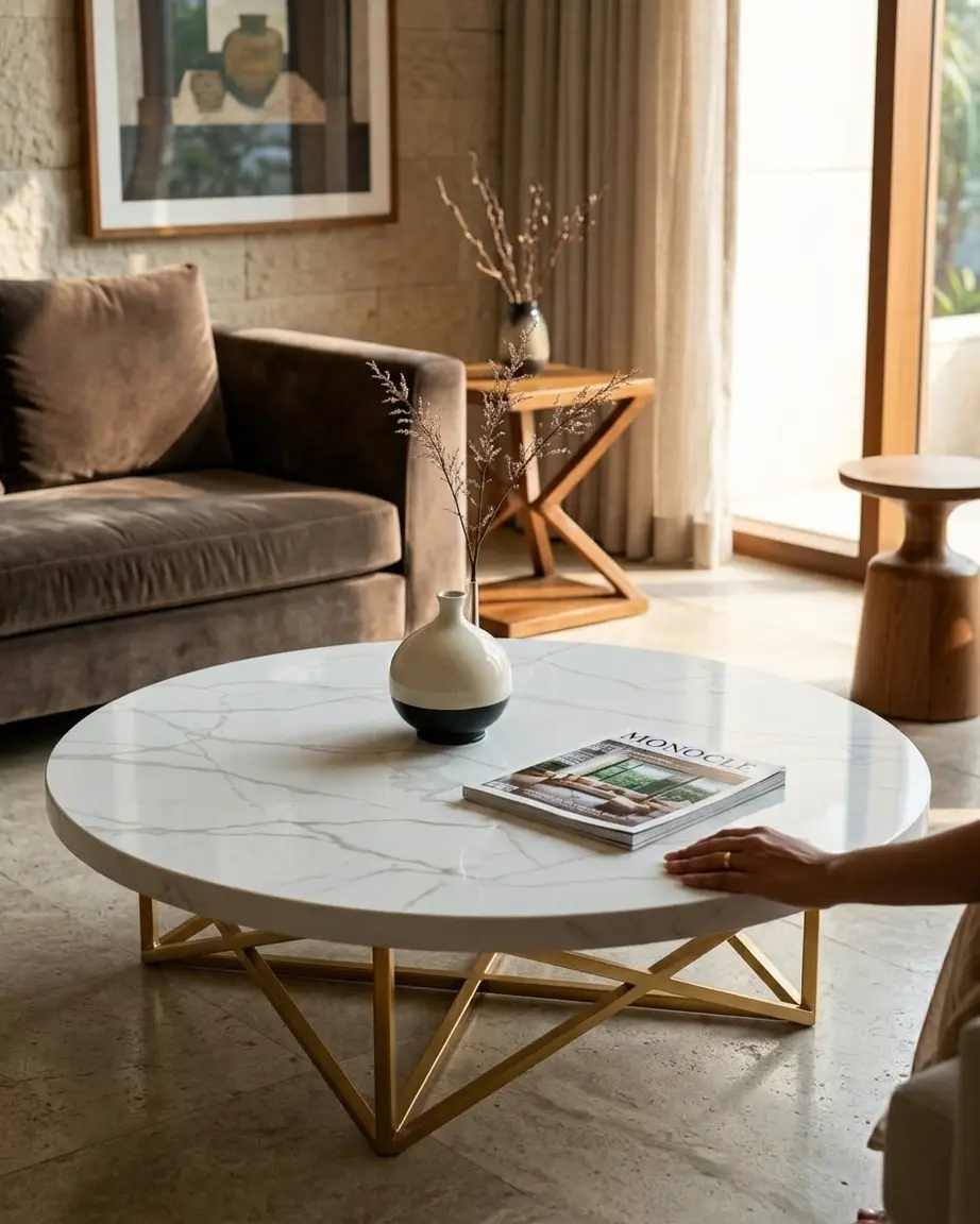 Detailed view of the interlocking geometric gold metal star base on the Estrella center table.