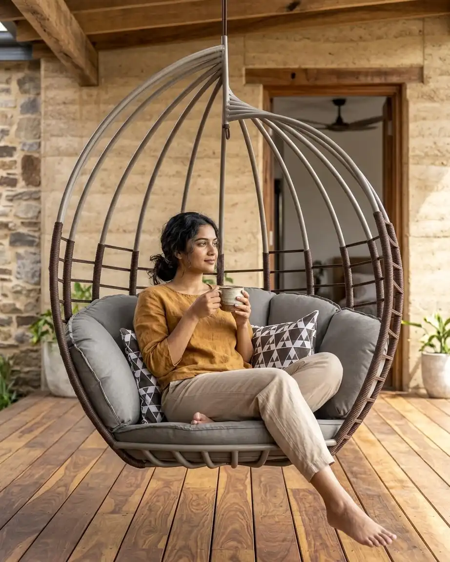 The Aviary model displayed as a luxury globe hanging swing chair installed in a resort lounge.