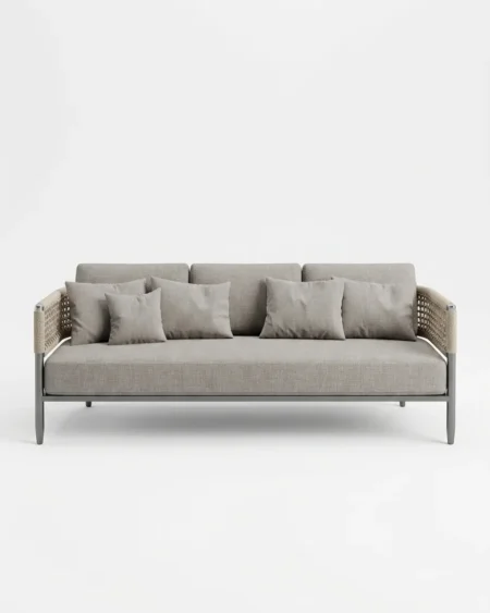 The Grafton Cane Panel Sofa featuring a sophisticated 3-seater design with premium cane weave side panels and a black metal frame.