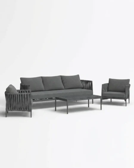 The Graphite Slat Weave Lounge Set featuring a sophisticated modern design with premium dark grey rope slats and a slatted coffee table.