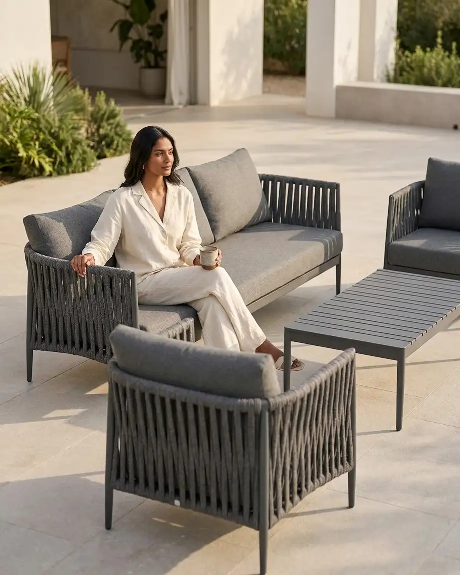 Close up of the intricate UV-stabilized vertical rope slat weave and slatted coffee table on the grey sofa set.