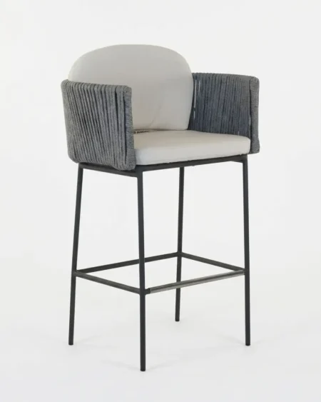 Marine-grade griffin bar stool with black powder-coated frame, dense charcoal rope armrests, and plush backrest