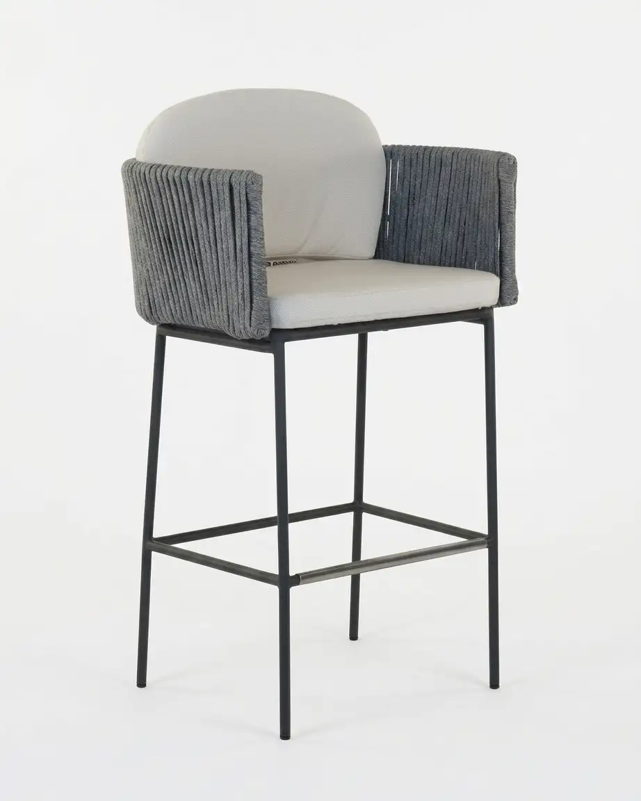 Marine-grade griffin bar stool with black powder-coated frame, dense charcoal rope armrests, and plush backrest