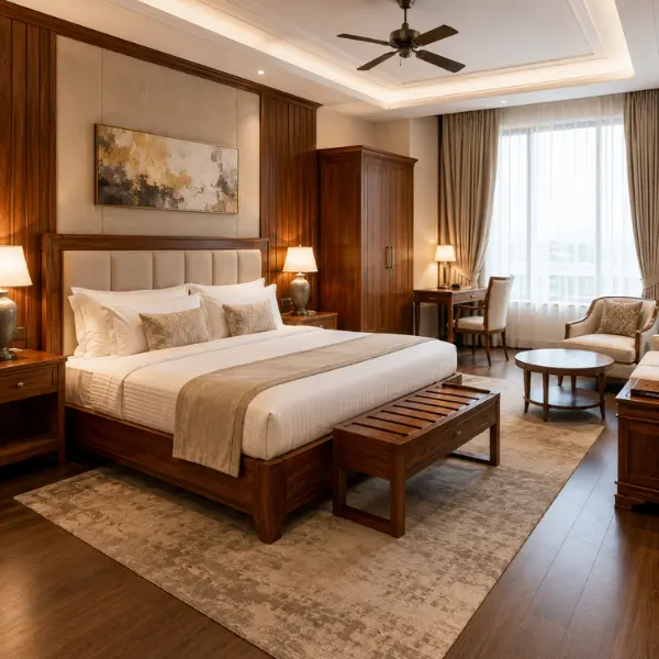 Custom solid teak wood bed frames and wardrobes crafted by a leading guest house furniture manufacturer for a Bangalore hospitality project.