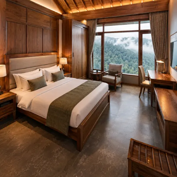 Solid teak wood guest house furniture designed for Mahabaleshwar resorts, manufactured in our Delhi factory.