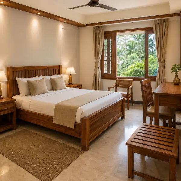 High-quality, durable wooden furniture crafted by Craftnika, a premier guest house furniture manufacturer in Mysore.