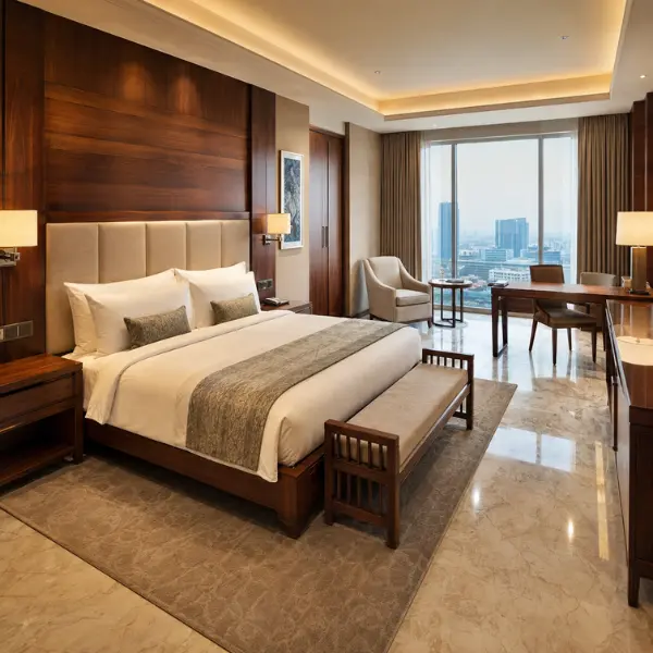 Commercial-grade lobby and restaurant seating built by a leading hotel furniture manufacturer for Gurgaon properties.