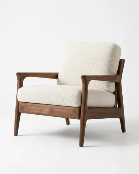 Luxury Halden Lounge Chair featuring a mid-century solid teak wood frame, tapered legs, and plush boucle cushions.