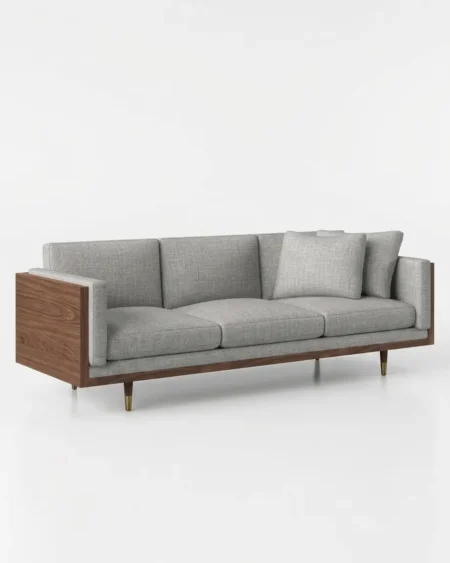 Luxury Halden Wood-Frame Boxed Sofa featuring a striking exposed solid teak wood frame with a walnut finish and structured fabric upholstery.