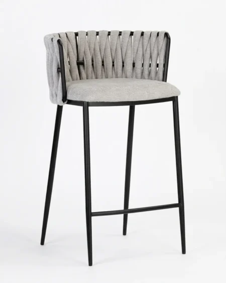 Marine-grade halston bar stool with matte black powder-coated frame and wide overlapping grey woven fabric straps