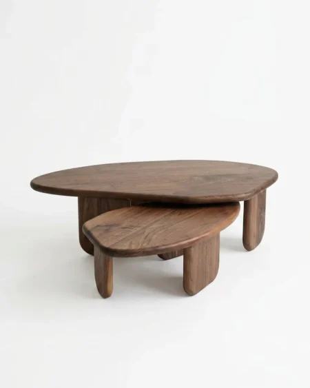 The Havelock Nesting Wood Center Table featuring a two-piece organic freeform design crafted from solid walnut wood.