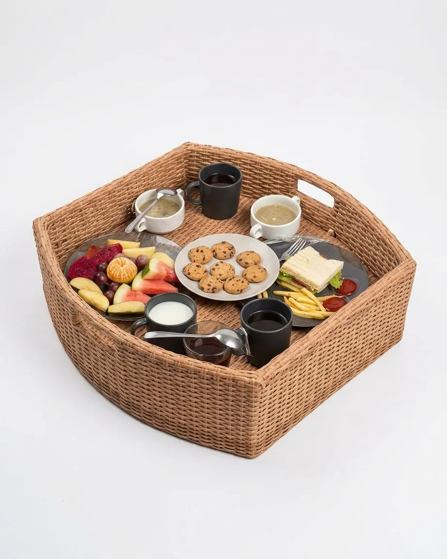 The Haven Curved Square Weave Tray featuring a marine-grade aluminum frame wrapped in honey-toned HDPE wicker.