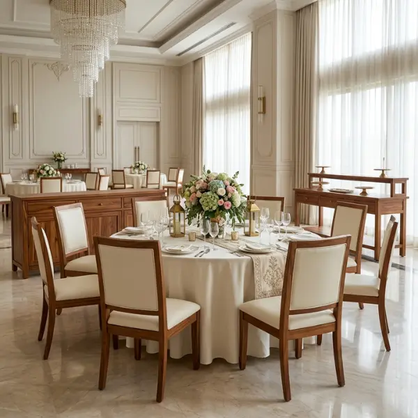 Heavy-duty banquet chairs manufactured for Mumbai events, featuring kiln-dried solid teak wood and mortise-tenon joinery for durability.