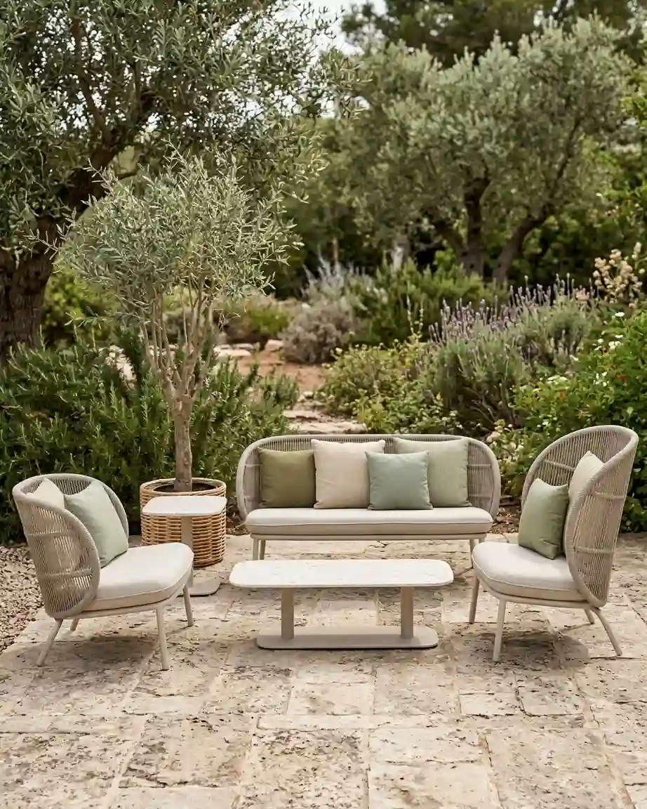 Side profile of the high back rope sofa set highlighting the curved backrest and high-density waterproof cushions.