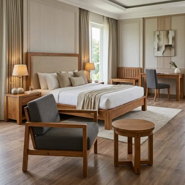 Kiln-dried solid teak hotel room furniture by Craftnika, a leading hotel furniture manufacturer Bhopal