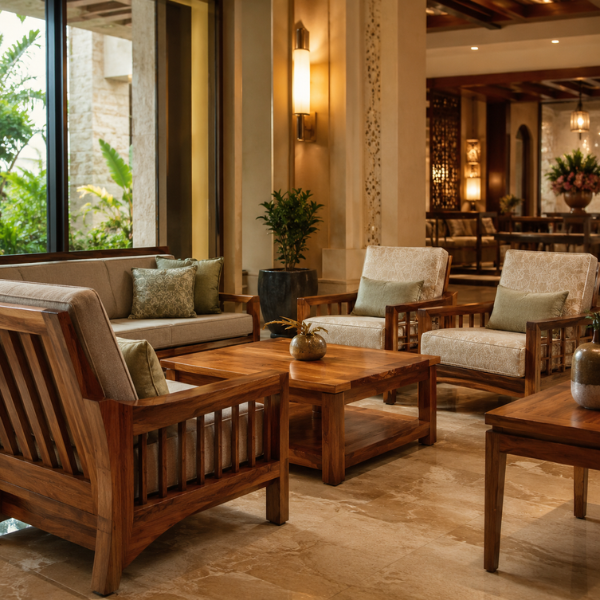 Heavy-duty solid wood seating and tables from a leading Hotel Furniture Manufacturer Bilaspur.