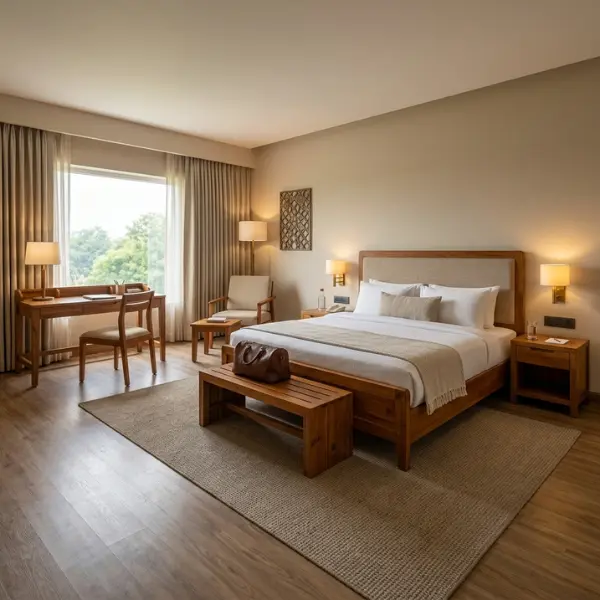 Premium kiln-dried solid teak beds crafted by the leading hotel furniture manufacturer in Coimbatore.