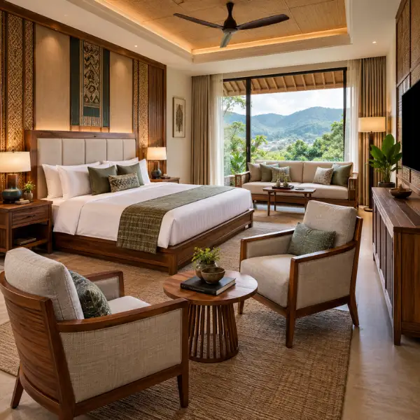Factory direct hotel furniture manufacturer Imphal supplying kiln-dried solid wood furniture for resorts.