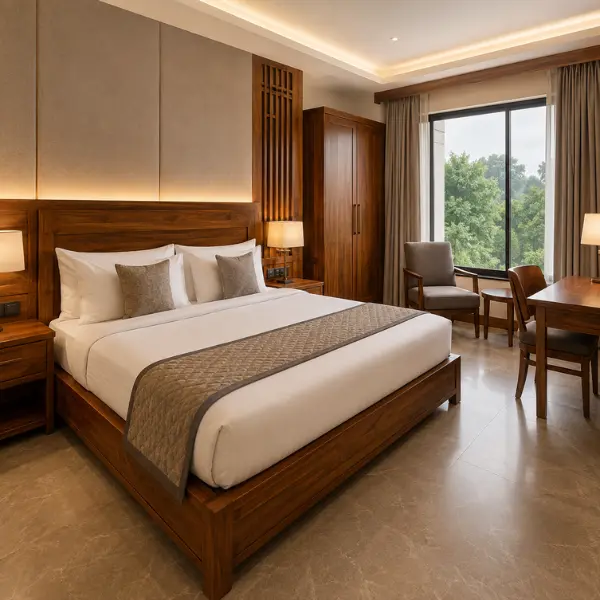 Premium solid teak lobby furniture by Craftnika, a leading hotel furniture manufacturer Jabalpur