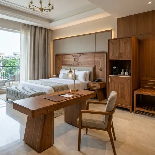 Solid wood hotel bedroom furniture provided by a hotel furniture manufacturer Jalandhar