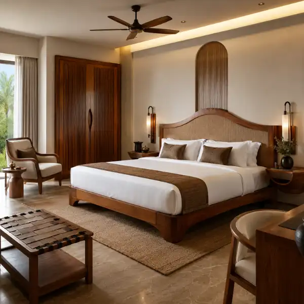 Solid teak beds and headboards crafted by a premium hotel furniture manufacturer Kochi